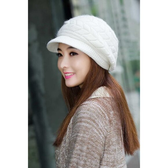 〽️Women’s White Winter Warm Knit Wool Snow Ski Hat with Visor